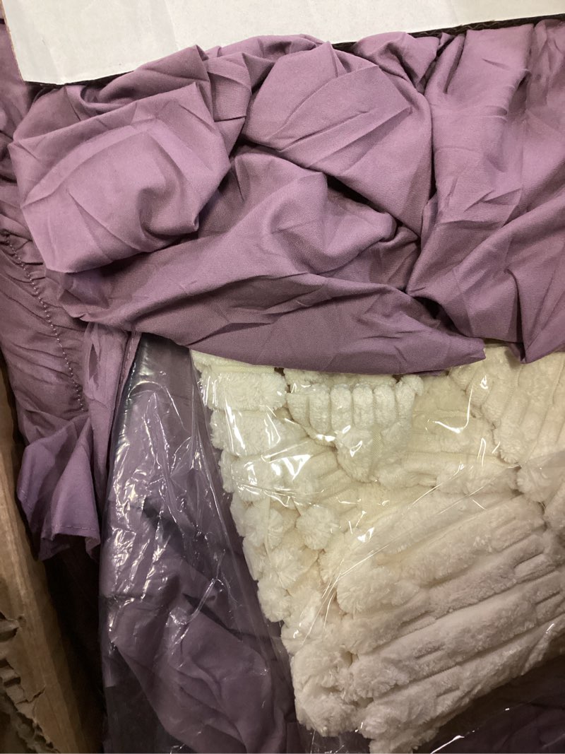 Condition photo showing As Is for Herside Purple Ruched Comforter Set King Size,Boho Ruffle Bedding 9 Pcs Bed-in-a-Bag,Fluffy Luxury Ruffle Comforter Bedding with Flat Sheet, Fitted Sheet, Pillow Shams, Pillowcases for All Season Purple King