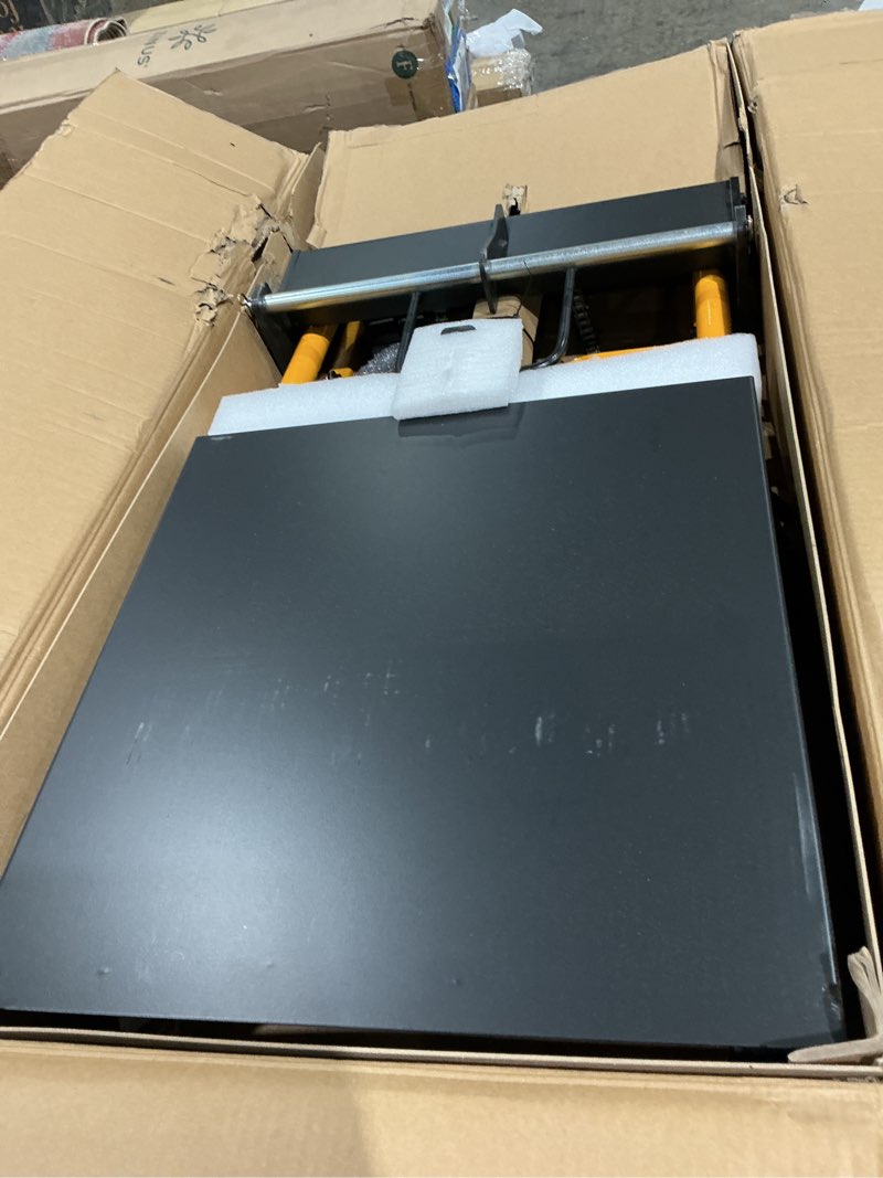 Condition photo showing Good Condition for mms foldable hydraulic material lift winch stacker, 450 lbs 35.8" max lift w/ 9" wheels 360° swivel casters, pallet truck dolly, fork lift table cart, pallet jack, removable platform, adjustable forks