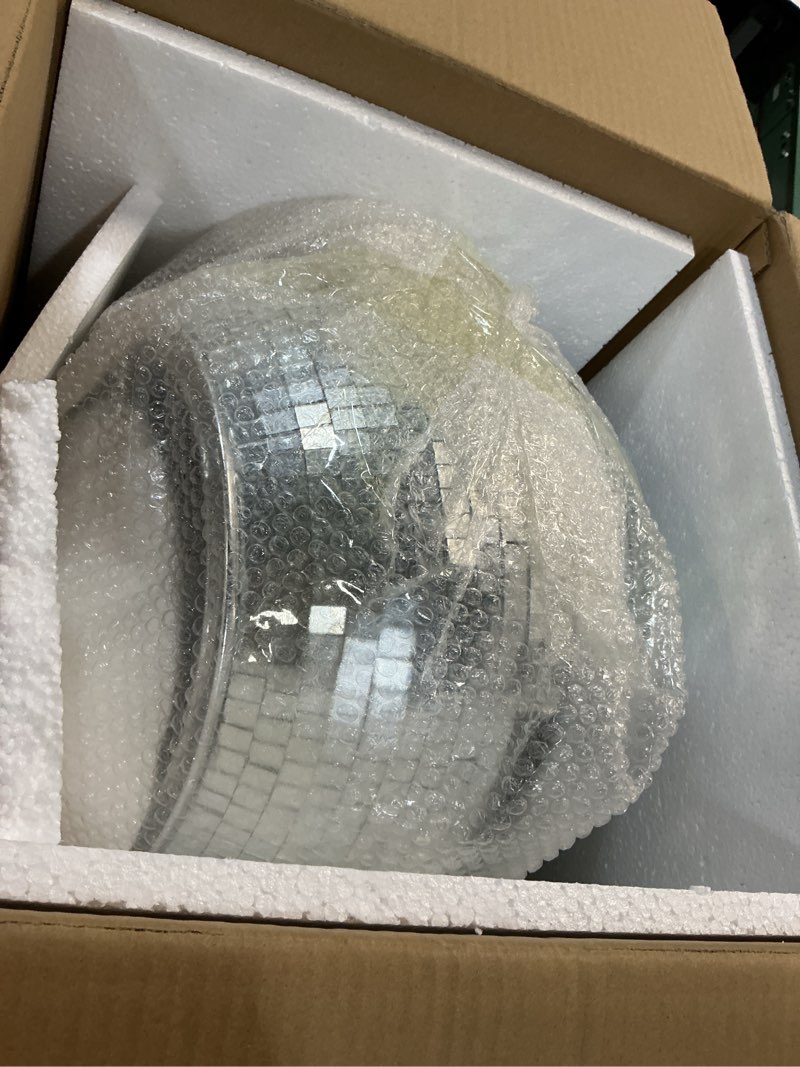 Condition photo showing New/Like New for 15.7 in disco ball helmet, silver glitter ball hat, sparkling disco party decorations, multicolored reflective mirror glass costume for celebration party accessory bar nightclub dj cosplay 15.7 inch