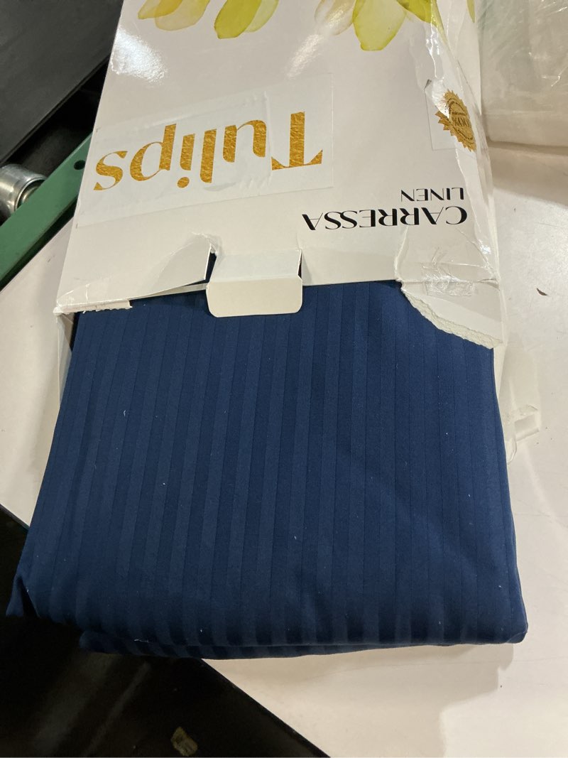 Condition photo showing Good Condition for carressa linen 100% egyptian cotton deep pocket king striped fitted sheet only - 800 series tulips collection luxury damask fitted sheet, bottom, fits mattress upto 18 in - navy blue stripe king stripe - navy blue
