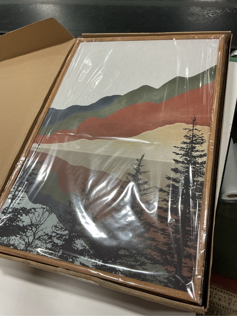 Condition photo showing New/Like New for Tinonedraw Boho Mountain Framed Canvas Wall Art Set, Watercolor Nature Landscape Wall Decor, Black Pine Forest Artwork, Modern Sunrise Art Prints for Living Room, Bedroom, Office 16"x24"x3 Watercolor Mountain 24L" x 16W"