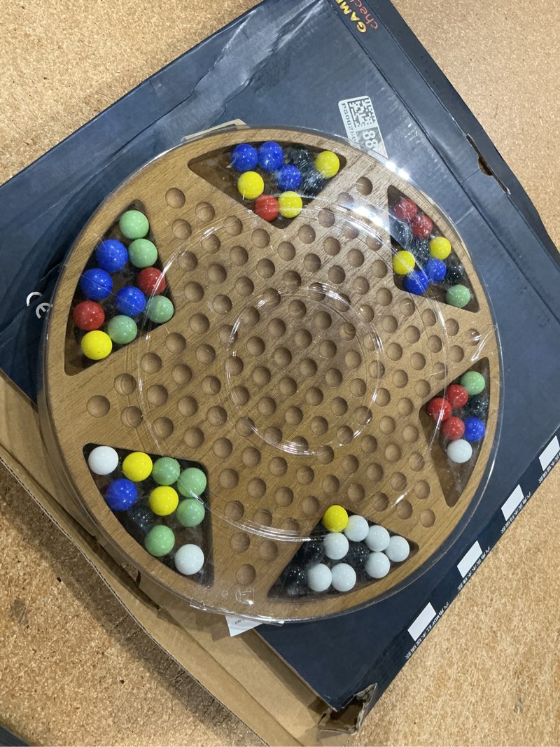 Condition photo showing Good Condition for 12-inch wooden chinese checkers set - classic round design with 60 acrylic marbles in 6 vibrant colors - includes 12 bonus spare marbles - family strategy board game for kids and adults 12inch