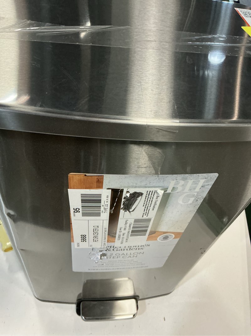 Condition photo showing As Is for better homes & gardens kitchen trash can, 13.2 gallon stainless steel step garbage bin with soft close lid, silver