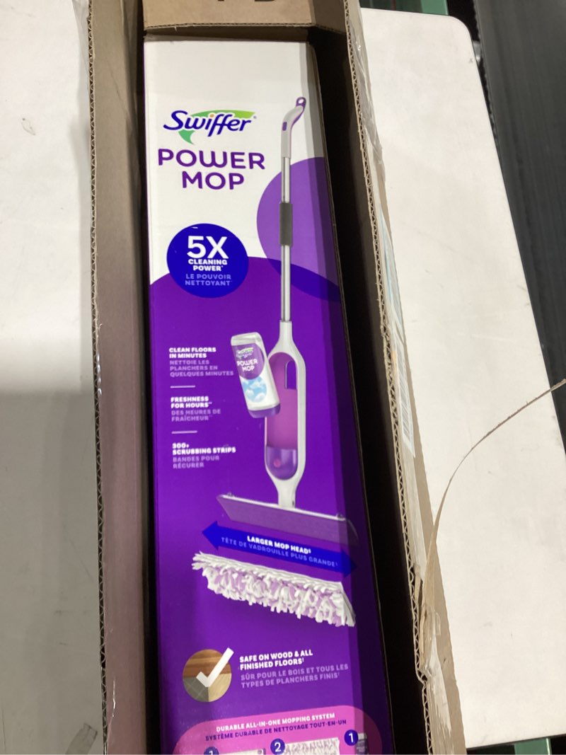 Condition photo showing New/Like New for swiffer powermop multi-surface mop kit for floor cleaning, includes powermop, 2 mopping pad refills, 1 cleaning solution with fresh scent and 2 batteries purple and white