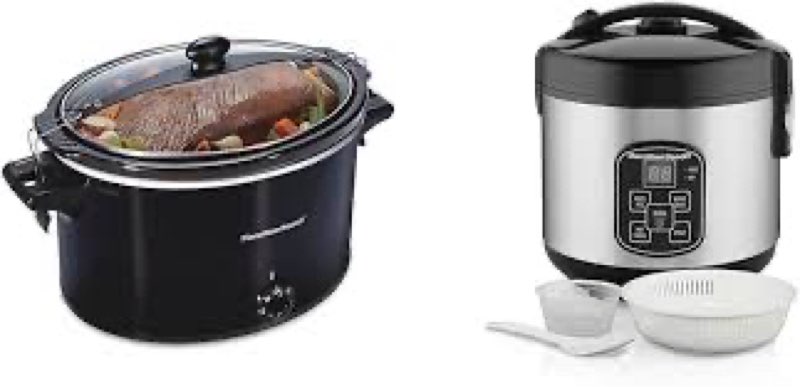 hamilton beach slow cooker & digital programmable rice cooker & food steamer, 8 cups cooked (4 uncooked), with steam & rinse basket, stainless steel (37518)