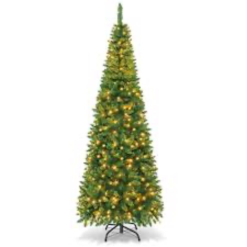 Costway 6.5ft Pre-Lit Hinged Pencil Christmas Tree 250 White Lights