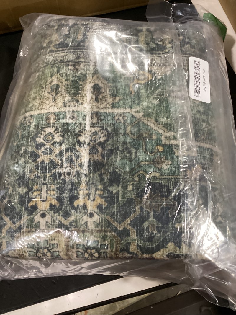Condition photo showing As Is for machine washable kitchen runner rug: 2'x6' hallway rug non slip low-pile stain resistant soft carpet runners for entryway hallways kitchen laundry room beside farmhouse 2' x 6' (rectangular) black and green