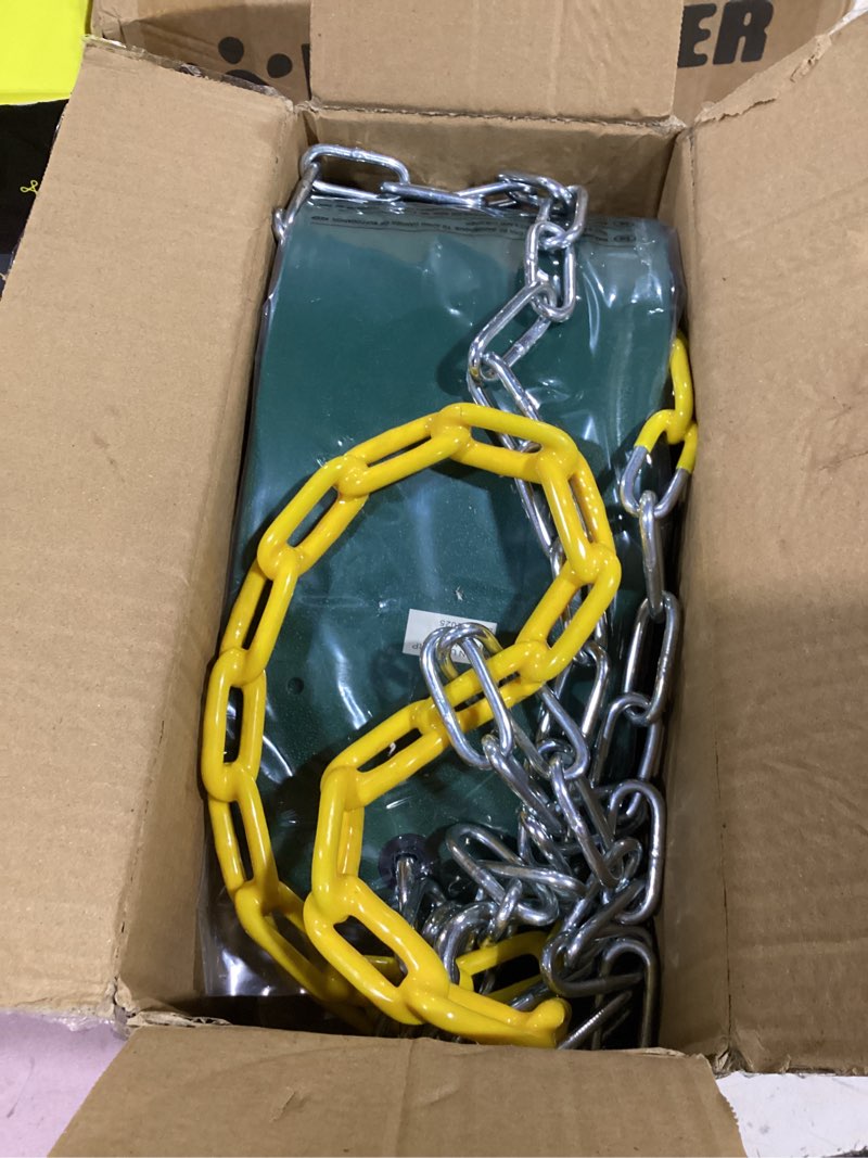 Condition photo showing New/Like New for turfee heavy duty swing seat green color with 66” chain, swing set accessories replacement with snap hooks for kids outdoor play playground