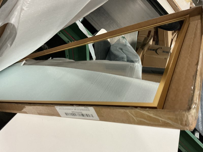 Condition photo showing Good Condition for 55"x16" Inch Full Length Mirror with Stand, Arched Aluminum Frame Wall Mirror & Freestanding Hanging Mounted Mirrors, Tempered Glass Full Body Mirrors for Bedroom, Living Room Decor,Gold Arch-gold 55"L x 16"W