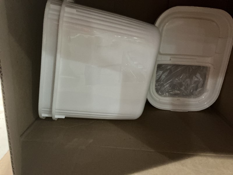 Condition photo showing Good Condition for blushtier 4 pack sugar storage containers flour bin with wheels large pet dog food storage boxes measuring cup sealed transparent flip lid portable household rice container set(30 lbs) 30 lbs white