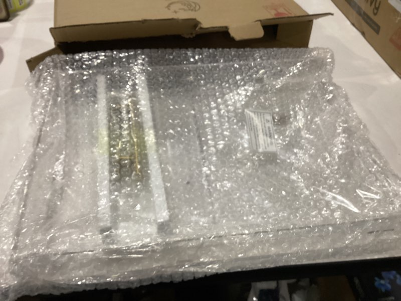 Condition photo showing New/Like New for 12"x16" clear acrylic serving tray with golden handles, sturdy huge capacity acrylic tray for coffee, juice, kitchen and desk organizer, storage tray (12"x16") 16" x 12" x 2"