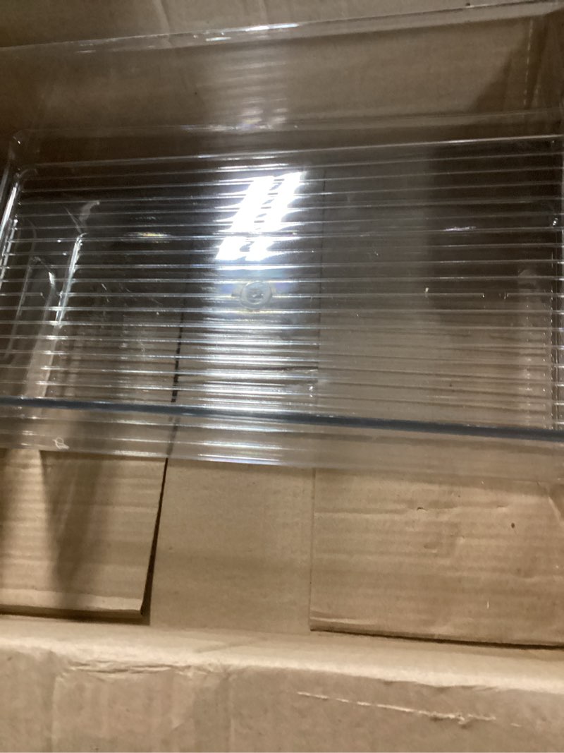 Condition photo showing As Is for idesign stackable fridge bin - storage bin for freezer or pantry, set of 2, clear, made in usa pack of 2