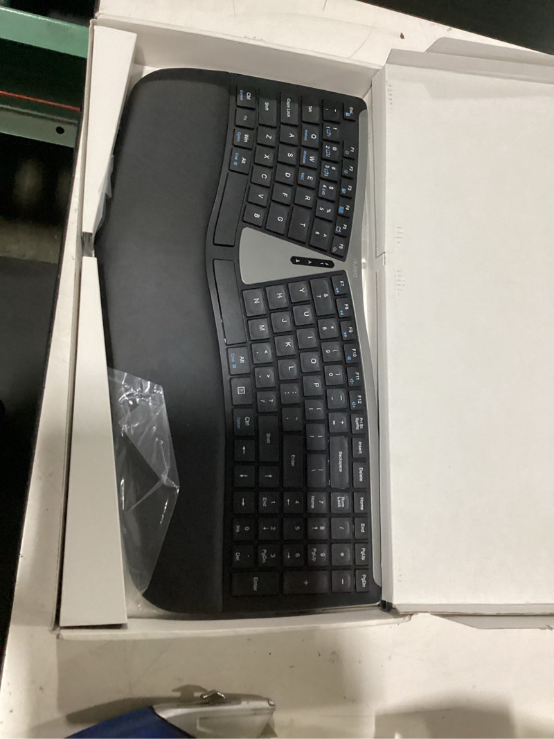 Condition photo showing New/Like New for nulea rt07b wireless ergonomic split keyboard, wrist rest, natural typing, bluetooth and usb connectivity, usb-c rechargeable,compatible with windows mac (silver black) a-silver black