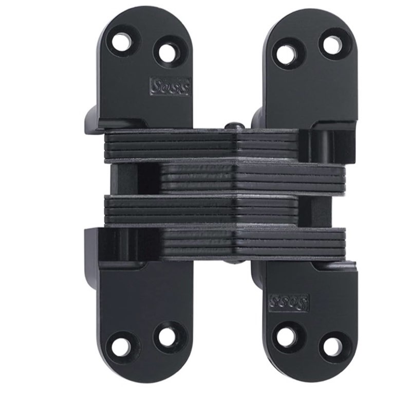soss invisible hinge model 218 for 1-3/4" thick material, 20 minute fire rated, zinc, black e-coat exterior finish, model number 218us19 with holes