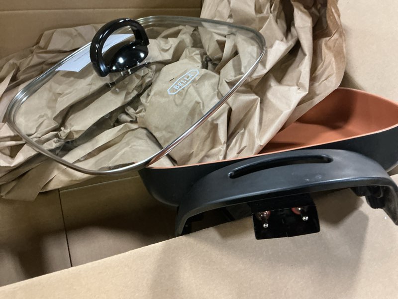 Condition photo showing As Is for bella Electric Skillet and Frying Pan with Glass Lid, Nonstick Coating, Cool Touch Handles, Removable Heating Probe, Dishwasher Safe, 12 x 12 inch, Black, PFOA & PTFE Free