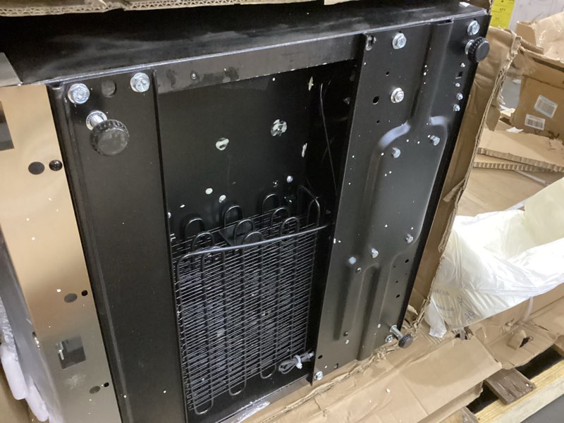 Condition photo showing As Is for NewAir 24" Built-in Beverage Fridge, 177 Can Capacity Small Cooler for Bedroom - Beverage Refrigerator in Stainless Steel, Dorm Fridge Drink Cooler with Adjustable Shelves and Digital Temperature Stainless Steel 177 Can Cooler