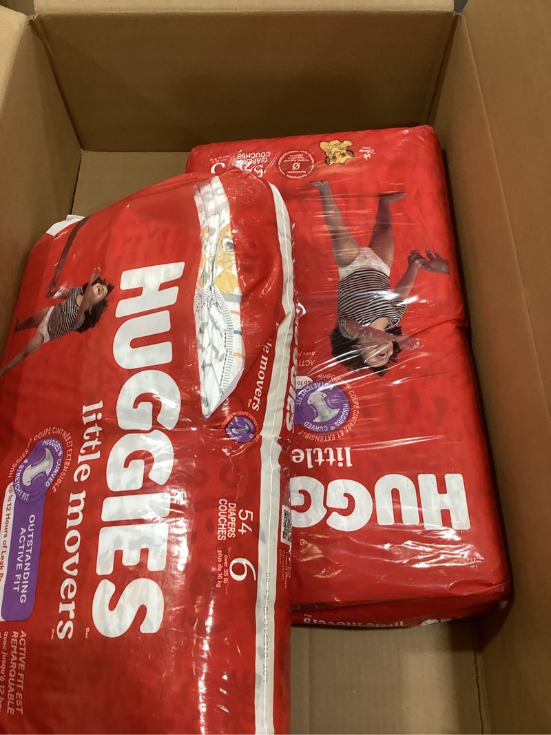 Condition photo showing New/Like New for Huggies Size 6 Diapers, Little Movers Baby Diapers, Size 6 (35+ lbs), 108 Count (2 Packs of 54), Packaging May Vary
