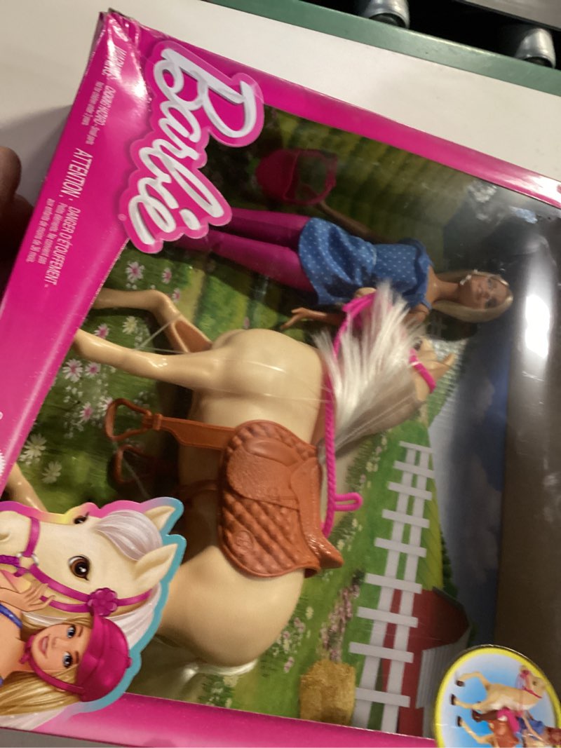 Condition photo showing New/Like New for barbie doll, blonde, wearing riding outfit with helmet, and light brown horse with soft white mane and tail, gift for 3 to 7 year olds (amazon exclusive) 0