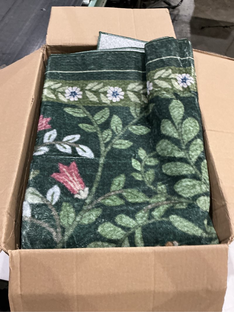 Condition photo showing As Is for moynesa floral 6x9 area rugs, washable green rugs for living room, boho large soft bedroom rug, non slip ultra thin botanical indoor floor carpet for dining room home office, green 6' x 9' (rectangular) green
