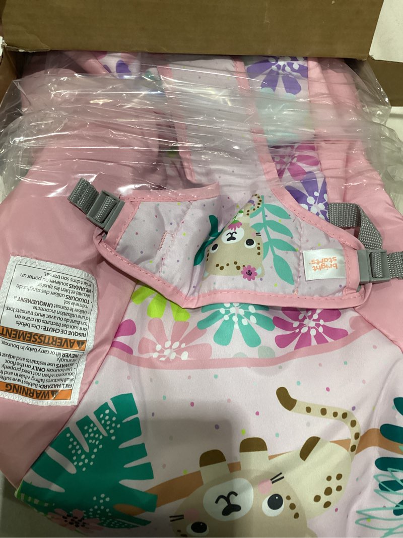 Condition photo showing Good Condition for Bright Starts Pink Vibrating Baby Bouncer, Removable Toy Bar with 2 Toys, Nonslip Feet, 0-6 Months Up to 20 lbs (Wildflower Wonders)