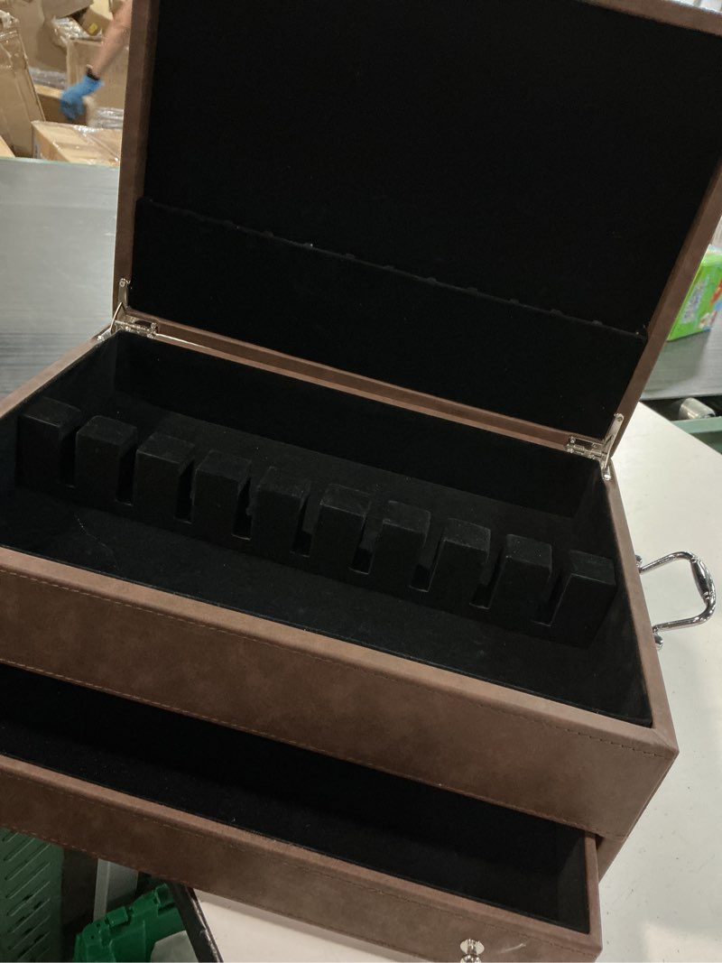 Condition photo showing Good Condition for doublefill 2 layer leather silverware storage box with lid and handles, anti tarnish silverware storage chest case with felt-lined for 12-16 or more sets of utensils flatware gifts, 15.3x11.2x5.7 inch 15.3 x 11.2 x 5.7 inch 2 layer coffee color