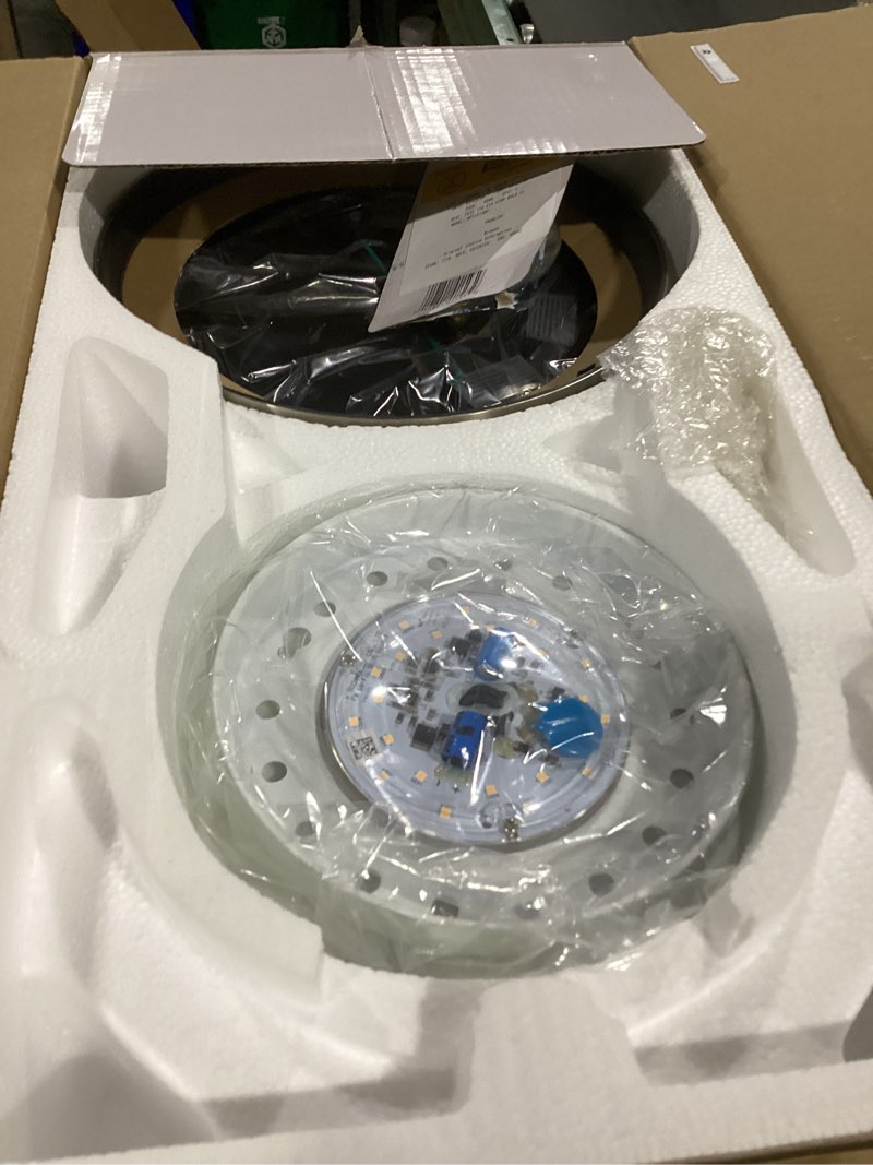 Condition photo showing As Is for harbor breeze mazon 44-in brushed nickel with brushed nickel/black blades integrated led indoor flush mount ceiling fan with light and remote (3-blade)