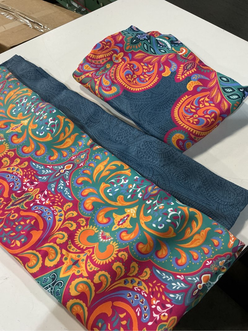 Condition photo showing Good Condition for lush decor boho chic room darkening window curtain panel pair, 95" x 52" + 2" header, turquoise and navy, turquoise & navy