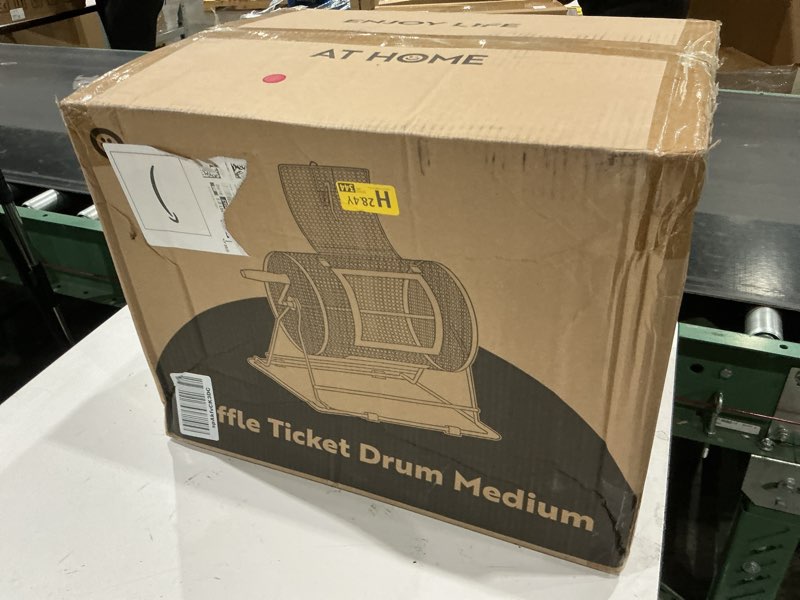 Condition photo showing New/Like New for vivohome 16 inch x 12 inch brass plated raffle drum lottery spinning drawing with wooden turning handle holds 5000 tickets medium 16 inch x 12 inch