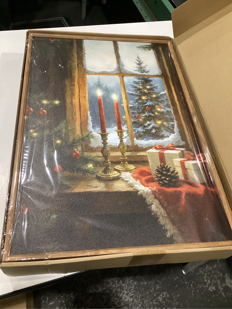 Condition photo showing Good Condition for Ausril Vintage Christmas Wall Art Set of 3, Santa Reindeer Snowy Painting, Lit Tree Candle Window Artwork for Living Room, Bedroom, Fireplace, Xmas Gifts for Home Decoration 16×24 inch