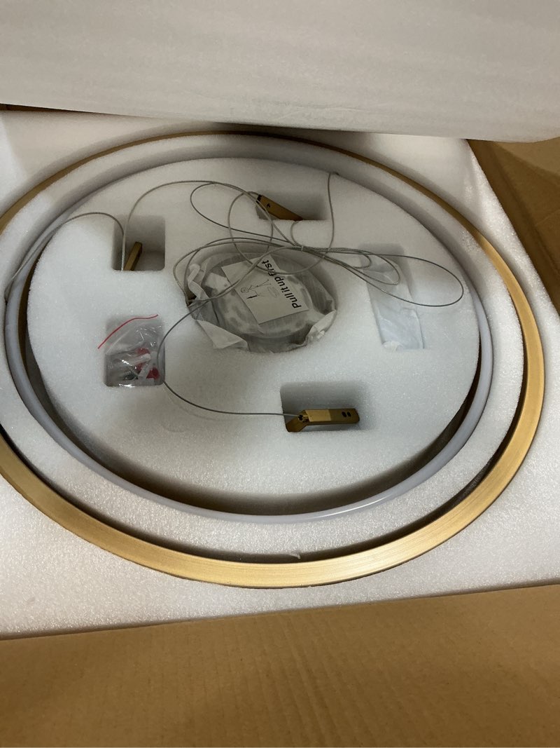 Condition photo showing New/Like New for LED 2 Ring Brass Gold Chandelier Dimmable Up Down Light Chandelier Modern Round Chandeliers Light Circular Chandeliers for Foyer Dining Room Entry Bedroom Office Living Room Gold Brass 55W Up&Downlight