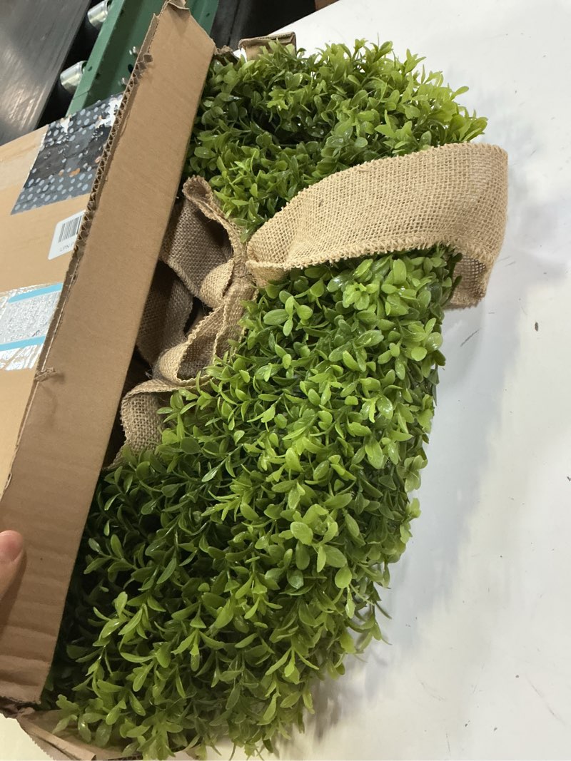 Condition photo showing Good Condition for 22" spring easter wreath for front door - easter bunny wreath - artificial green boxwood wreath with burlap bow & sisal bunnies - spring easter holiday decor for home door, porch, wall,window