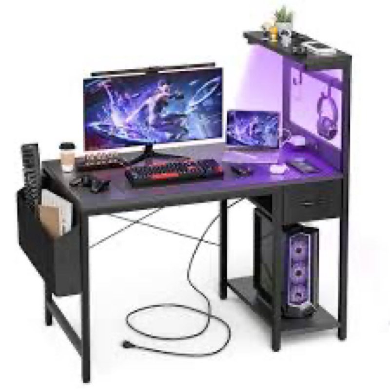 grandder gaming desk 55 inch with power outlet and led light, computer desk with reversible shelves 