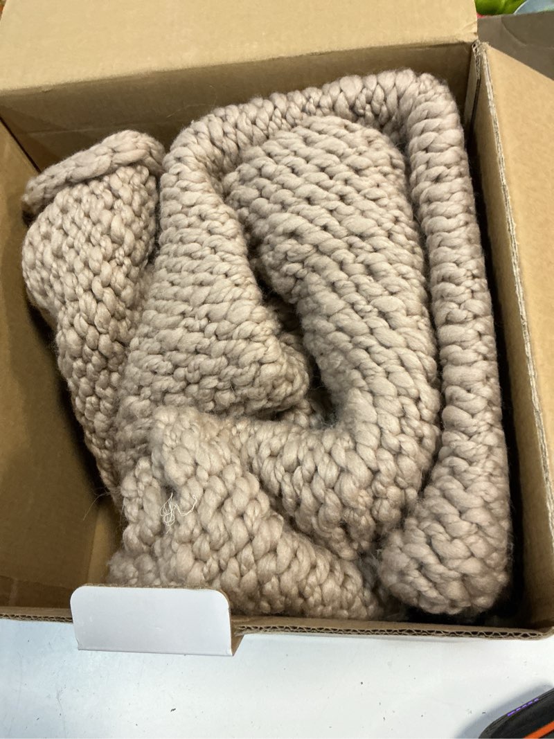 Condition photo showing As Is for chunky hand knit wool throw, 50x60, neutral