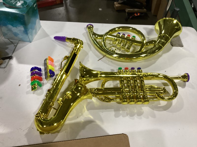 Condition photo showing New/Like New for treela set of 3 musical instruments saxophone trumpet and horn for beginners 3 wind and brass musical instruments combo with colorful keys coded for boys girls (gold)