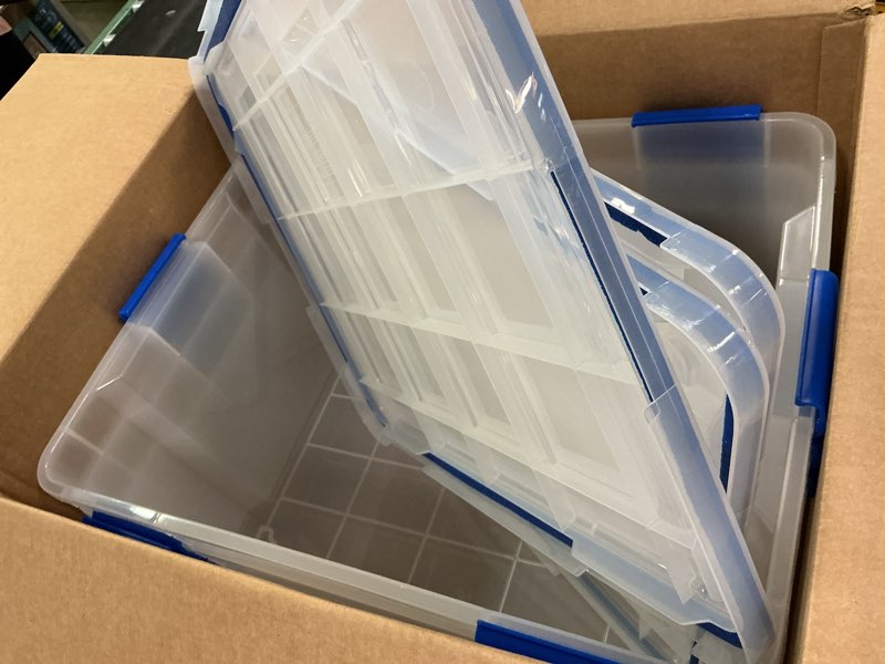 Condition photo showing Good Condition for IRIS USA WeatherPro 60 Qt Storage Bins with Lids, 3 Pack, BPA-Free Plastic Gasket Box with Tight Latch and Seal, Stackable Nestable Tote Tub - Clear/Blue 60 Qt. - 3 Pack