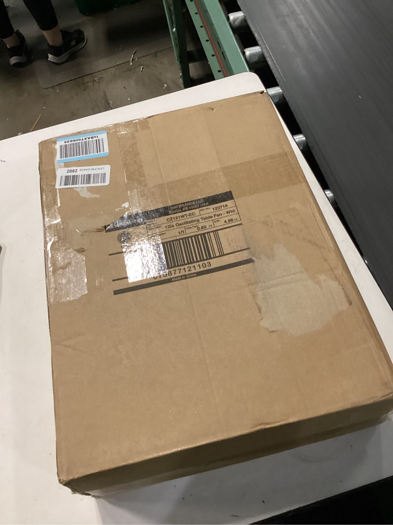 Condition photo showing New/Like New for comfort zone 12 inch table fan with adjustable tilt, wide area oscillation, quiet air circulator fan for bedroom, 3 speed desktop fan for home office, push button controls, white