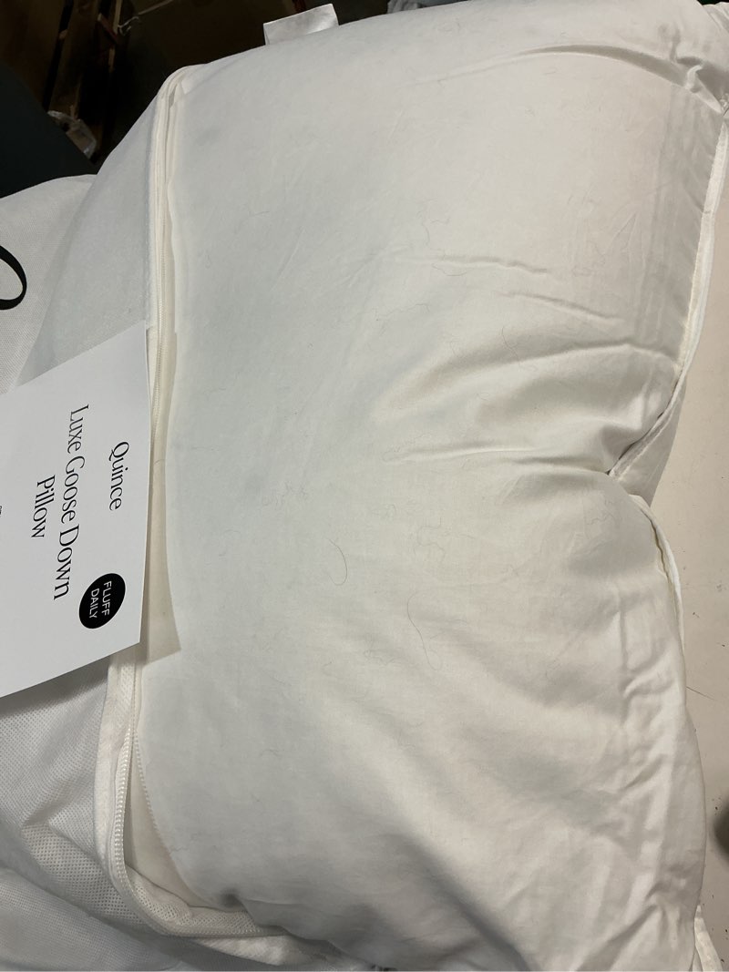 Condition photo showing As Is for quince luxe goose down pillow, white, standard, soft medium 