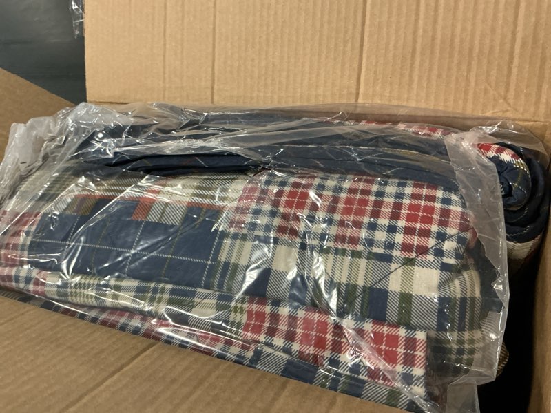 Condition photo showing Good Condition for eddie bauer - queen quilt set, cotton reversible bedding with matching shams, luxurious bedding set (madrona navy/red, queen) queen madrona plaid navy/red