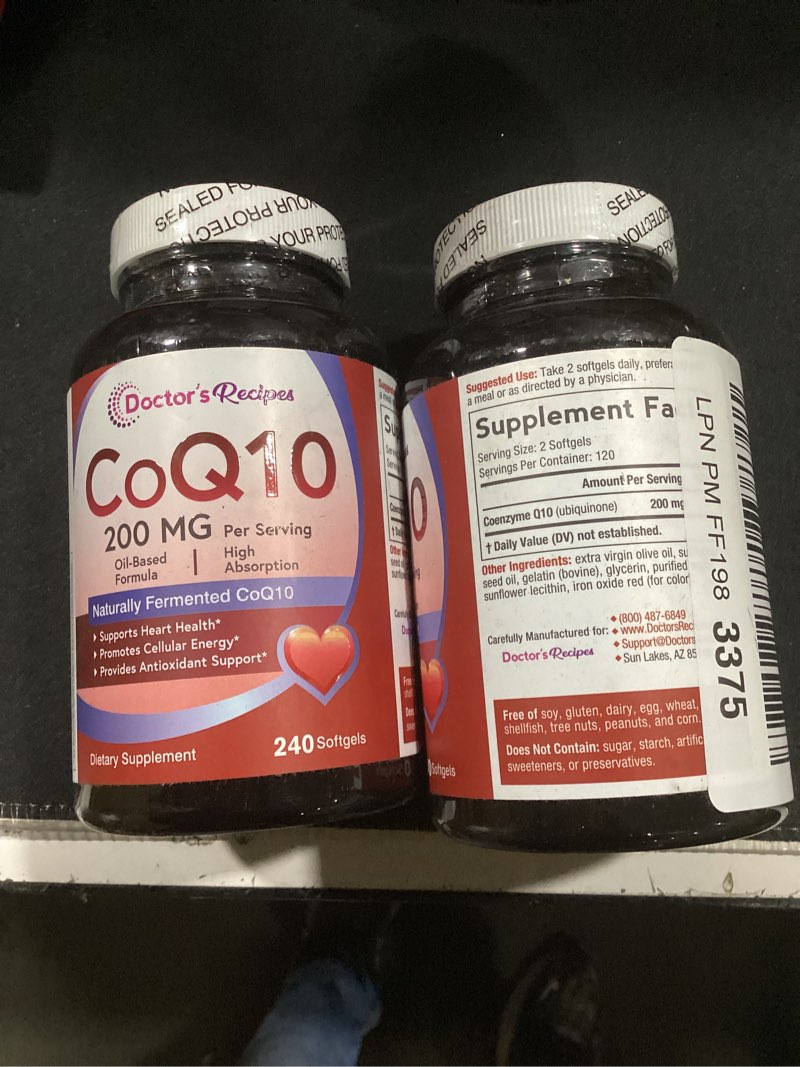 Condition photo showing New/Like New for (expiration 11/208, qty 2 bottles of 240) doctor's recipes coq10 200mg per serving, high absorption coenzyme q10 supplement with olive oil, heart & vascular health, energy production & antioxidant support, 4 month supply, 240 softgels 240 count (pack of 1)