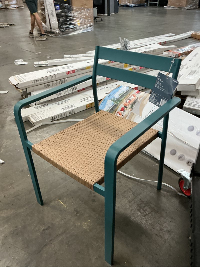 Condition photo showing New/Like New for style selections darcy wicker stackable teal steel frame stationary dining chair with woven seat