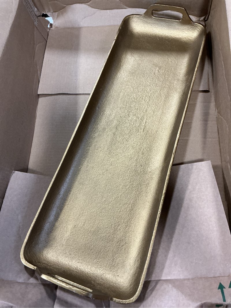 Condition photo showing Good Condition for Signature Design by Ashley Posy Contemporary Decorative Metal Serving Tray with Handles, Display Only, Not Food Safe, Cast Aluminum, 24" Length, Gold Finish