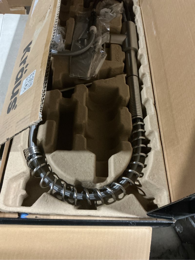 Condition photo showing Good Condition for KRAUS Oletto Commercial Style Single Handle Pull Down Kitchen Faucet with QuickDock Top Mount Installation Assembly in Spot Free Stainless Steel, KPF-2631SFS Spot-Free Stainless Steel Commercial Style Faucet