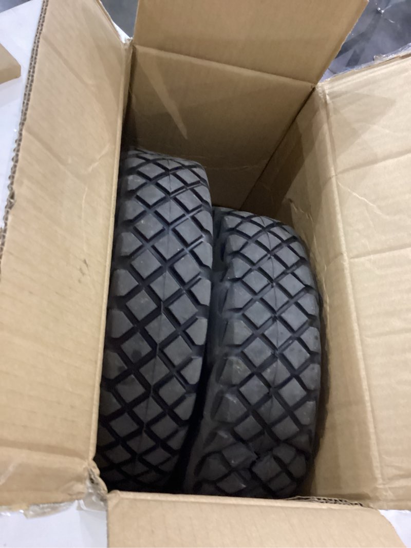 Condition photo showing As Is for 4.80/4.00-8" Tire and Wheel Flat Free 2 PCS, 16" Solid Wheelbarrow Tire with 5/8" & 3/4" Bearings,3"-7" Centered Hub, 14"-16" Universal Fit for Hand Truck/Garden Trailer/Trolley/Wagon Black-White 2
