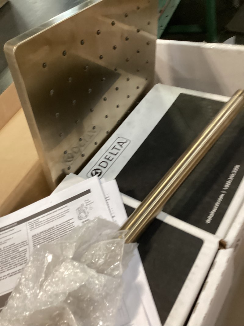 Condition photo showing As Is for Delta Modern 14 Series Square Rain Shower System Faucet Set, Rainfall Brushed Gold Shower Head and Handle Set, Valve Trim Kit, 10 Inch, Champagne Bronze 342701-CZ