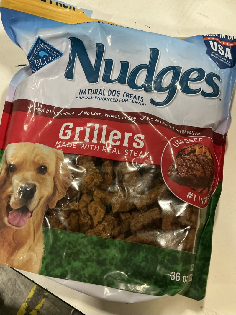 Condition photo showing As Is for (best by 05/11/2027) blue buffalo nudges grillers natural dog treats made with real steak, 5-oz. bag