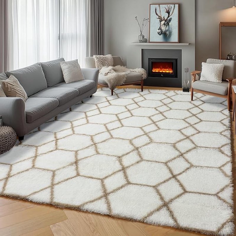 5x8 Feet Soft Plush Shaggy Rug for Bedroom,Beige Modern Geometric Rugs for Living Room, Nursery, Flu