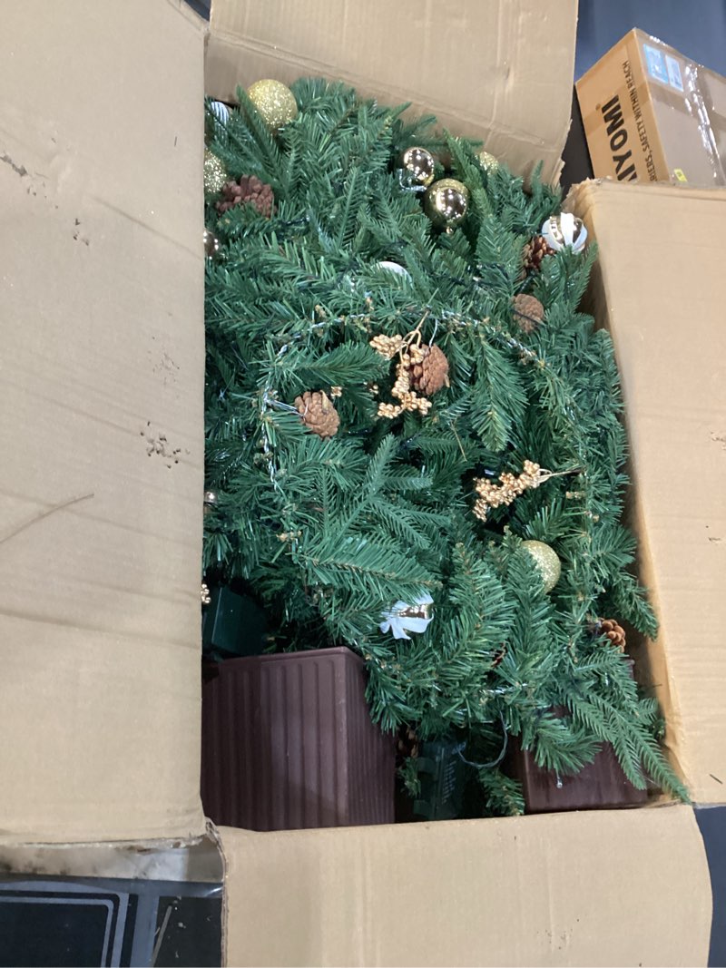 Condition photo showing New/Like New for VINGLI Pre-lit 5-Piece Set Christmas Tree with LED Lights, Christmas Garlands, Wreath and Set of 2 Entrance Trees Artificial Christmas Porch Decorations, Gold