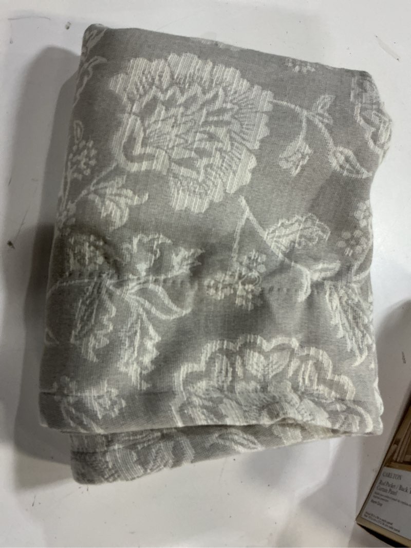 Condition photo showing As Is for allen + roth 84-in warm gray floral room darkening interlined back tab single curtain 1 panel 