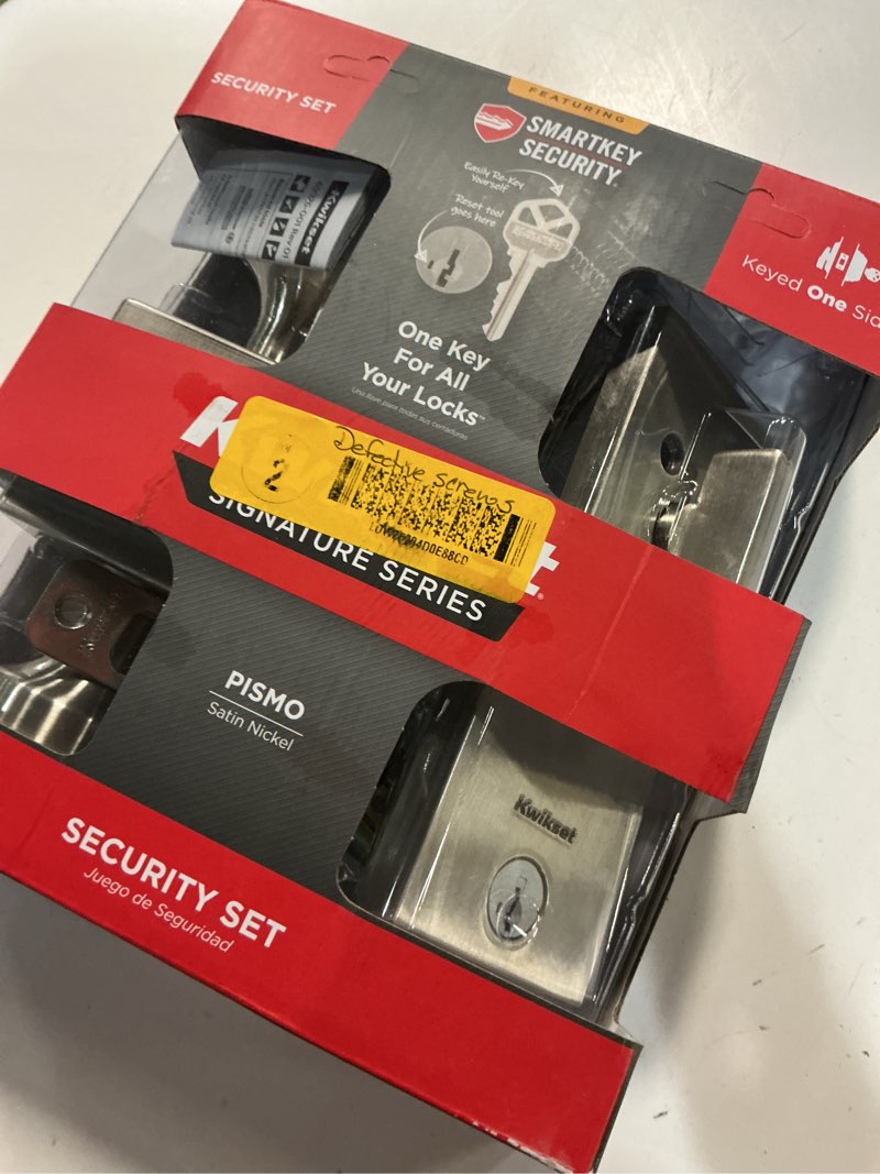 Condition photo showing Good Condition for pismo keyed entry knob and single cylinder deadbolt combo pack featuring smartkey security in satin nickel