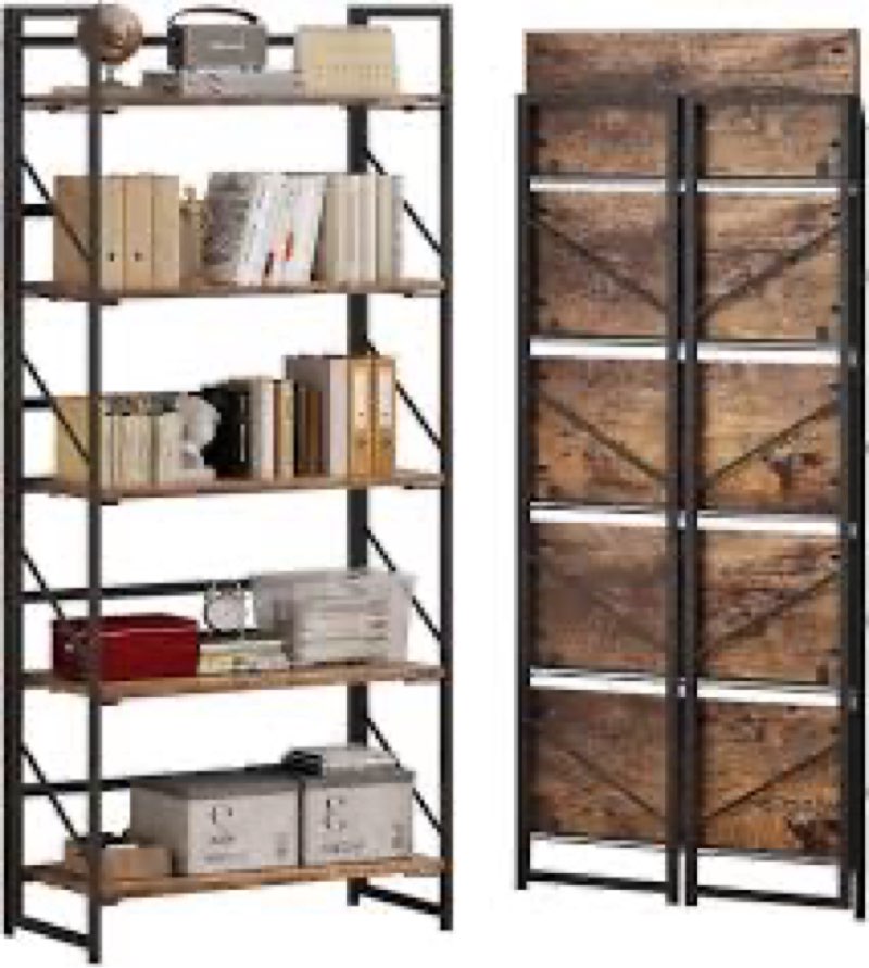 udd no assembly wide folding bookshelf, 64.3" h x 30.9" w, 5 tier foldable book shelf industrial boo
